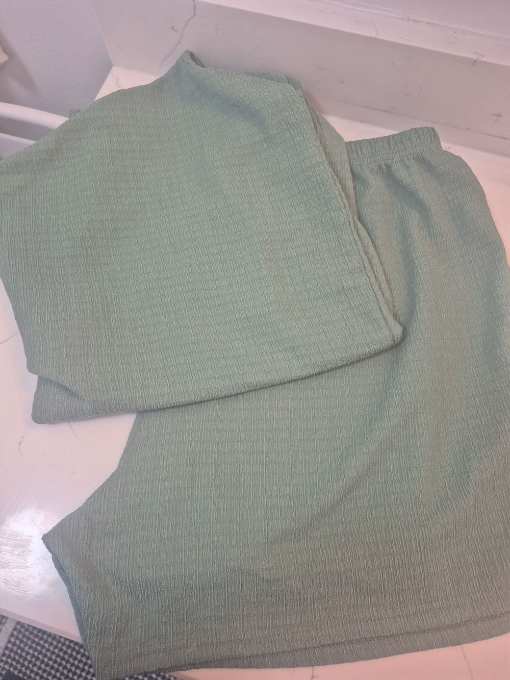 Women's Light Green Textured Casual Short Matching Lounge Outfit